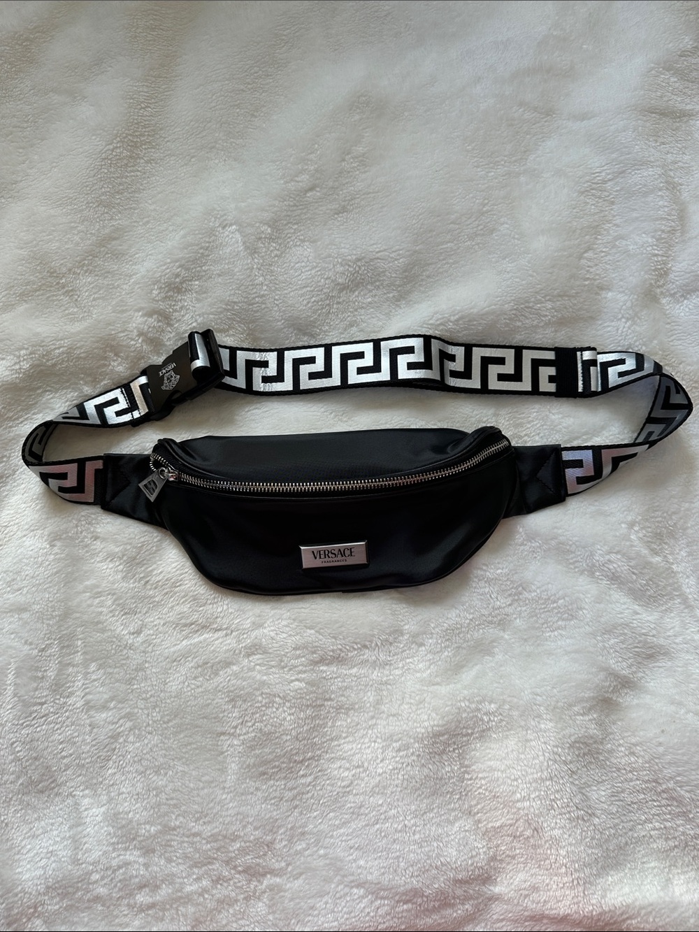VERSACE Black Nylon Belt Bag with Greek Key Strap Silver Metal Hardware Luxury ๐ฅ